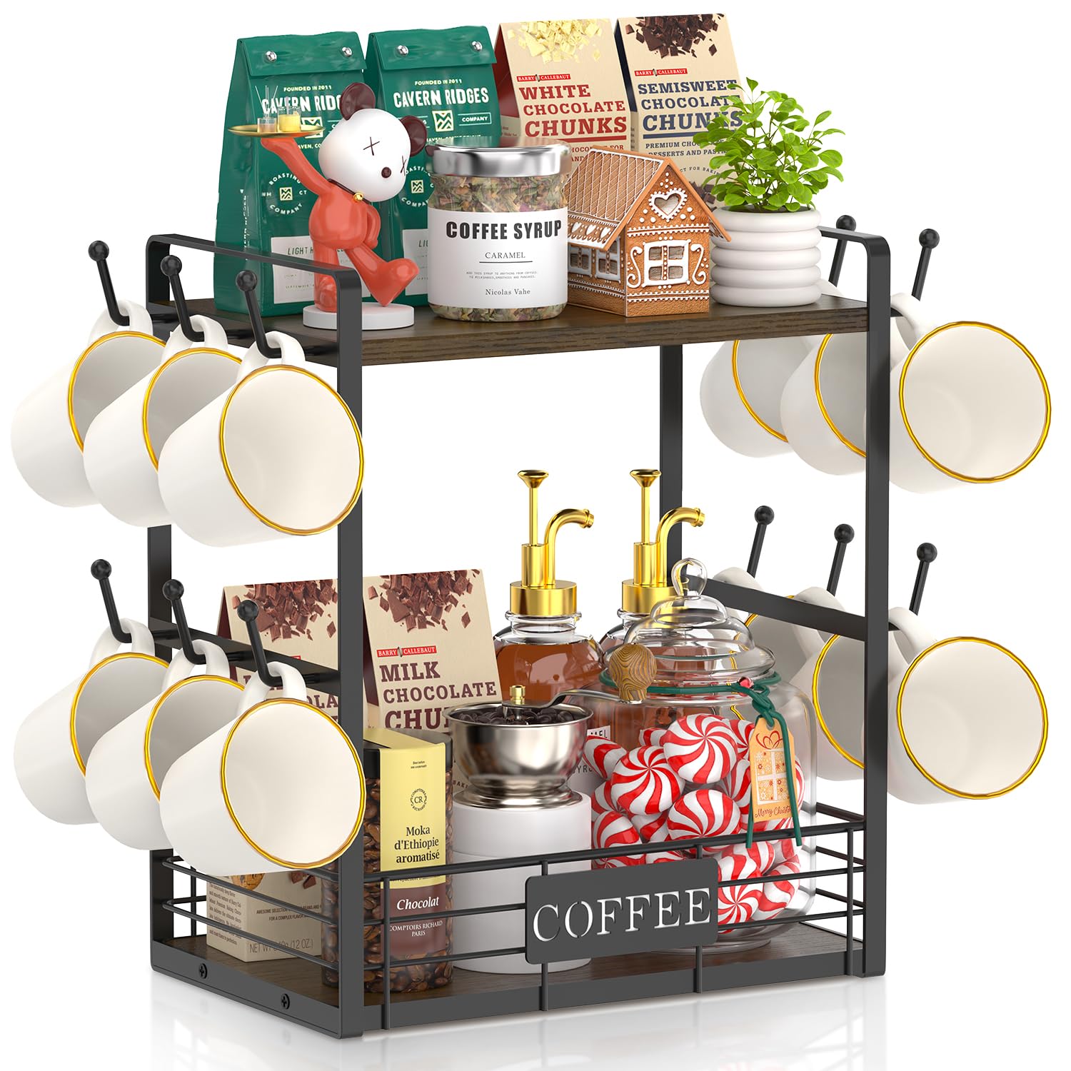 EsLuker.ly Coffee Mug Cup Holder Tree Bar Station Organizer, 2 Tier Mug Stand Rack for Countertop Kitchen, Storage Tower Display Shelf with 12 Hooks, Coffee Nook Enhancer, Brown-Black Image EsLuker.ly Coffee Mug Cup Holder Tree Bar Station Organizer, 2 Tier Mug Stand Rack for Countertop Kitchen, Storage Tower Display Shelf with 12 Hooks, Coffee Nook Enhancer, Brown-Black Image