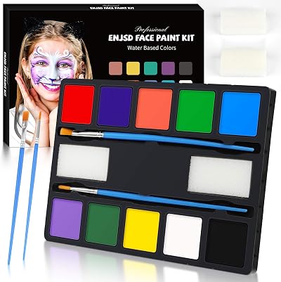 ENJSD Face Paint Kit 14 Pcs Kids Adults 10 Water Based Colors 2 Brushes Sponges