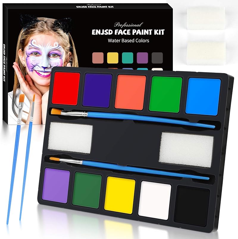 ENJSD Face Paint Kit 14 Pcs Kids Adults 10 Water Based Colors 2 Brushes Sponges