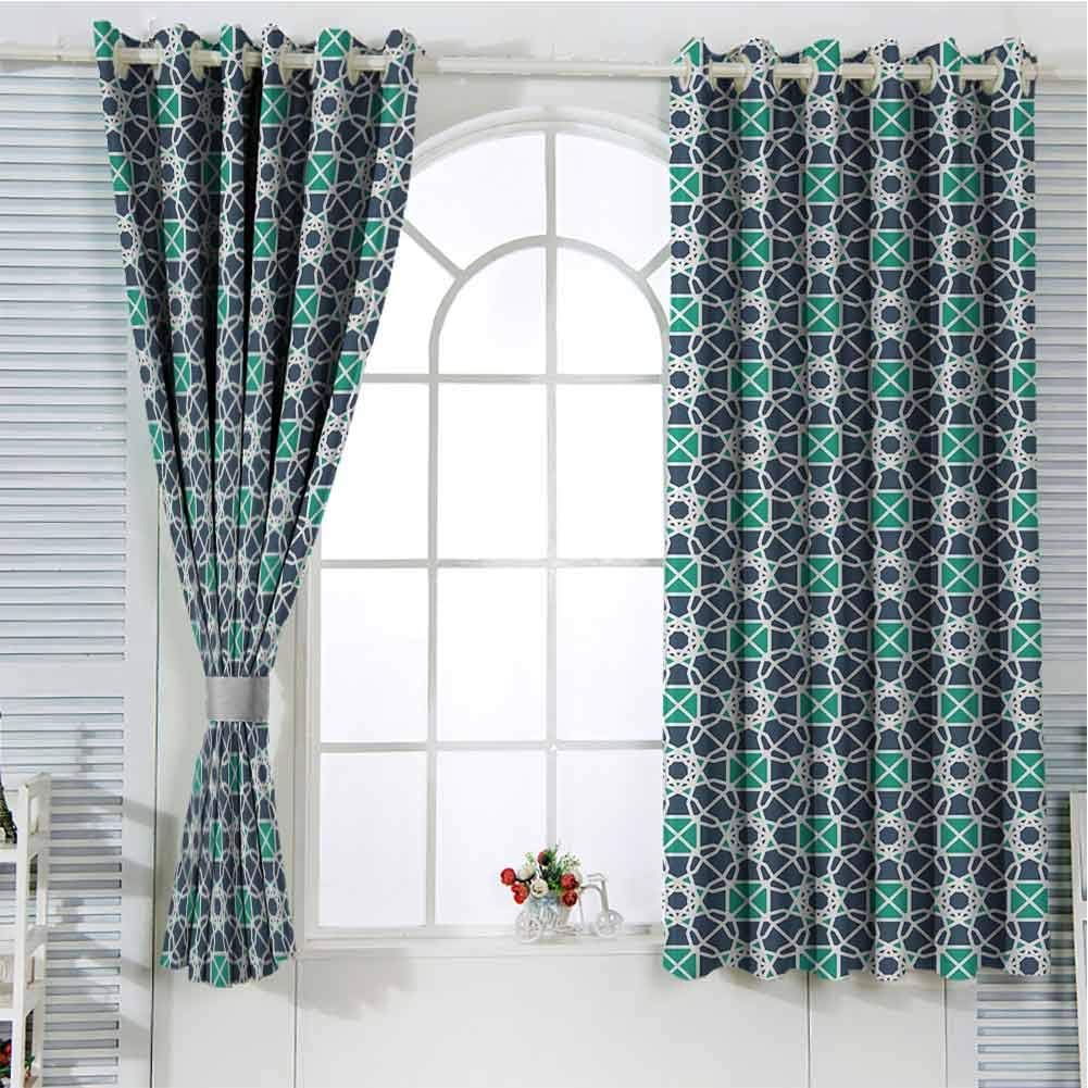 Geometric Grommet Curtains 96 Inch Lenght, Cadet Blue Sea Green White
