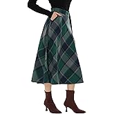 Xaatren Women's Long Plaid Skirt, High Elastic Waist Fall Winter A Line Pockets Flared Pleated Vintage Maxi Wool Zipper Skirt