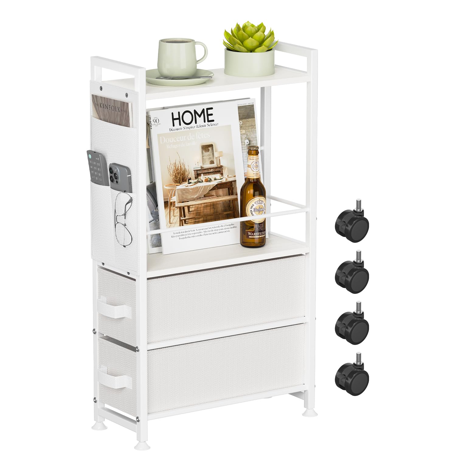 Photo 1 of Oppro Small Narrow Side Tables for Small Spaces, Skinny Bedside End Table Nightstand with Drawers&Wheels, Slim Desk Stand Magazine Rack with Storage Bag for Sofa Living Room Couch Bedroom (White)