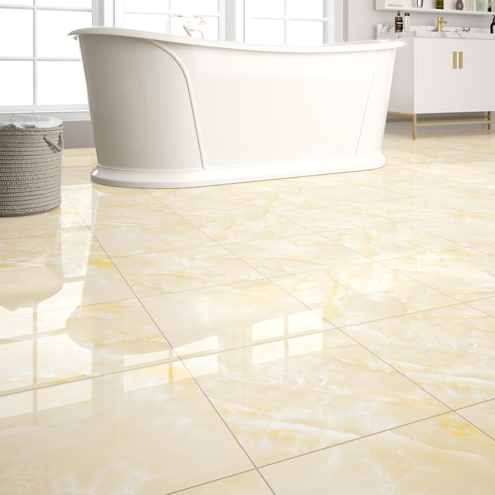 Photo 1 of 20-Pack Peel and Stick Floor Tiles Vinyl Floor 12 x 12 inch Self Adhesive Waterproof Flooring Planks DIY for Bathroom, Kitchen, Living Room, RV, Cover 20 Sq. Ft, Polish Beige Marble