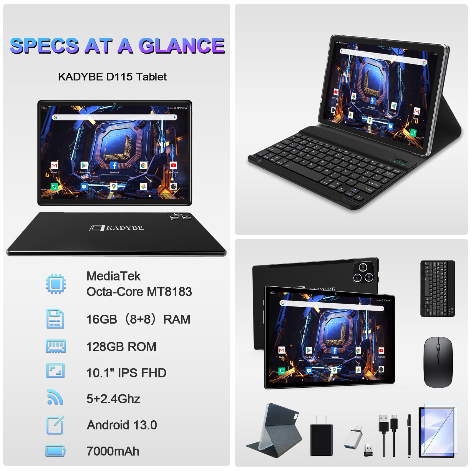 Tablet 10.1 Inch Android 13 Tablets 2025 Latest Android Tablets 128GB ROM+16GB RAM (8+8 Virtual), 2 in 1 Tablet with Keyboard, Powerful Octa-Core+13MP Camera, 1TB TF Expandable, FHD WiFi Tableta PC
