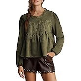 Wefebi Women's Faux Suede Lace Poplin Mesh Peplum Babydoll Tops Long Puff Sleeves Crew Neck Flared Swing Blouse Shirts