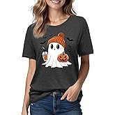Halloween Shirts for Women: Pumpkin Ghost Print Funny Crewneck Short Sleeve Top for Costumes Autumn Party Graphic T-Shirt