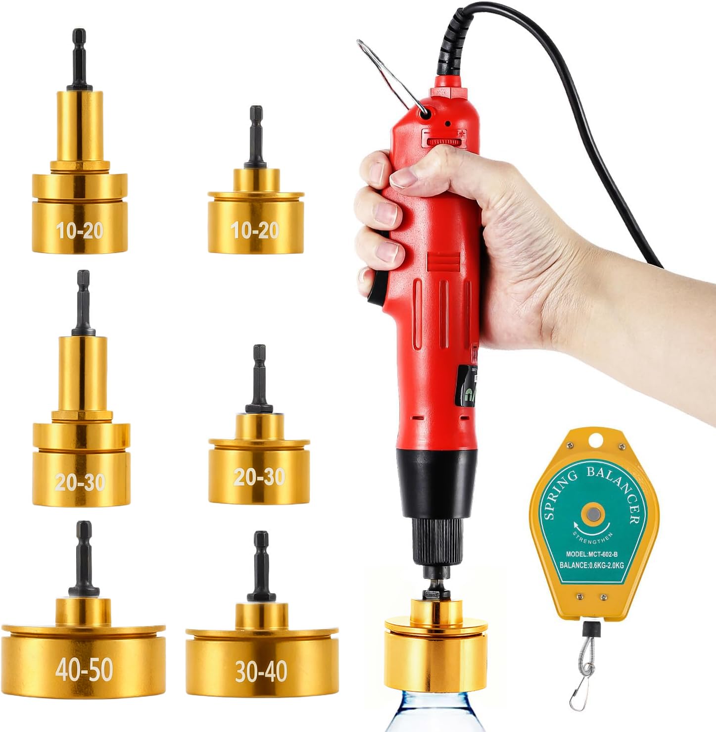 Huanyu Electric Bottle Capper Portable Capping Machine Speed Adjustable Capping Sealer 10mm to 50mm Max 1300RPM (220V, Capper + 6 Screwing Heads + Puller)