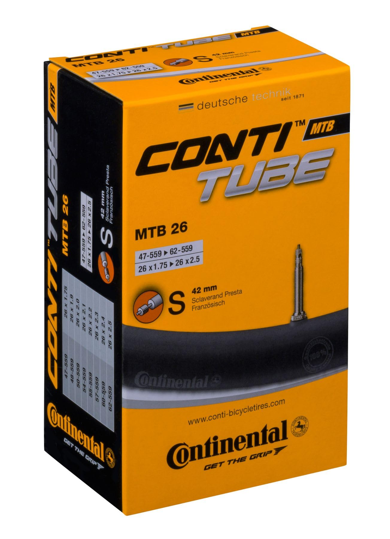 Cámara de aire para bicicleta Continental Standard 26x1,75-2,5, válvula Presta de 42 mm