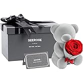 SEEROSE Preserved Roses with Cute Bear, Real Eternal Roses Lasting for Years, Flower Gift for Her, Wife, Women, Girlfriend, Valentine's Day, Mother's Day, Wedding, Anniversary (Sitting Bear, Red)