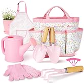 Kids Gardening Set, Gardening Tools Kit for Kids and Toddler, Includes Wooden Rake, Two Shovels, Gloves, Watering Can, Apron, and Tote Bag, Outdoor Toys for Girl Boy, Pink