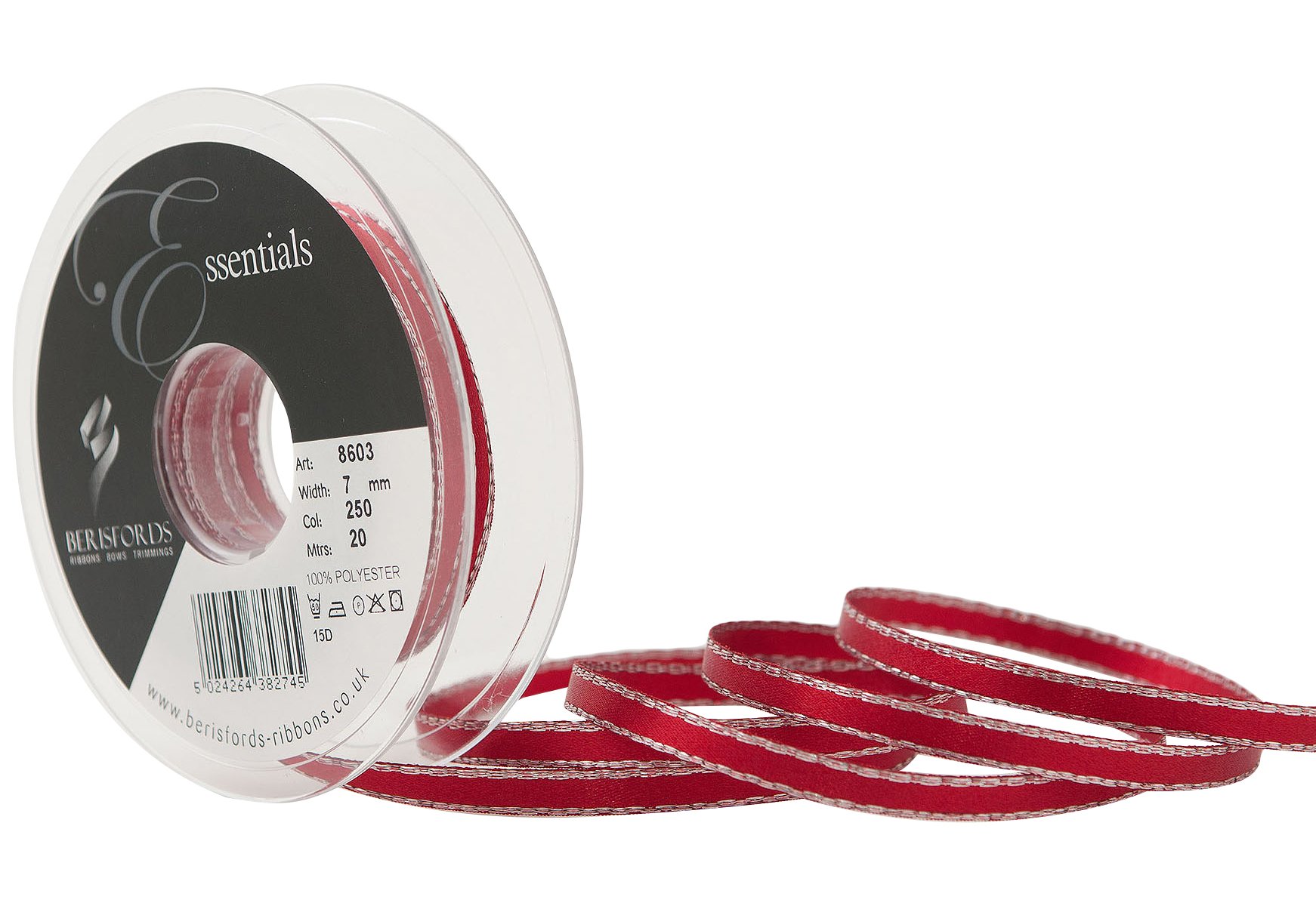 Berisfords Silver Edge Satin Ribbon, Red, 7 mm