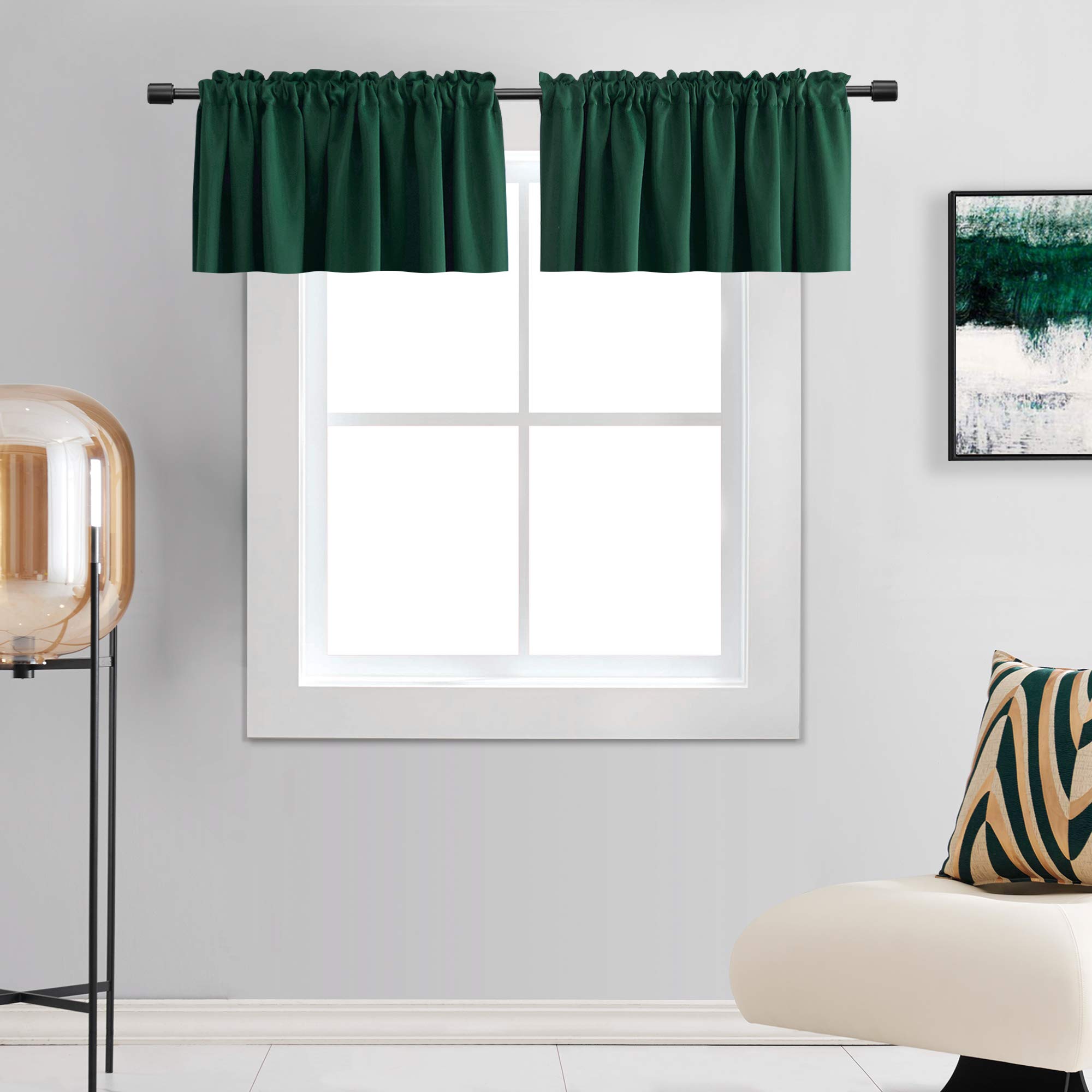 DONREN Christmas Green 12 Inch Length Blackout Window Valances for Loft - Hunter Green Kitchen Valances with Rod Pocket (42 x 12 Inches Long, Pack of 2)