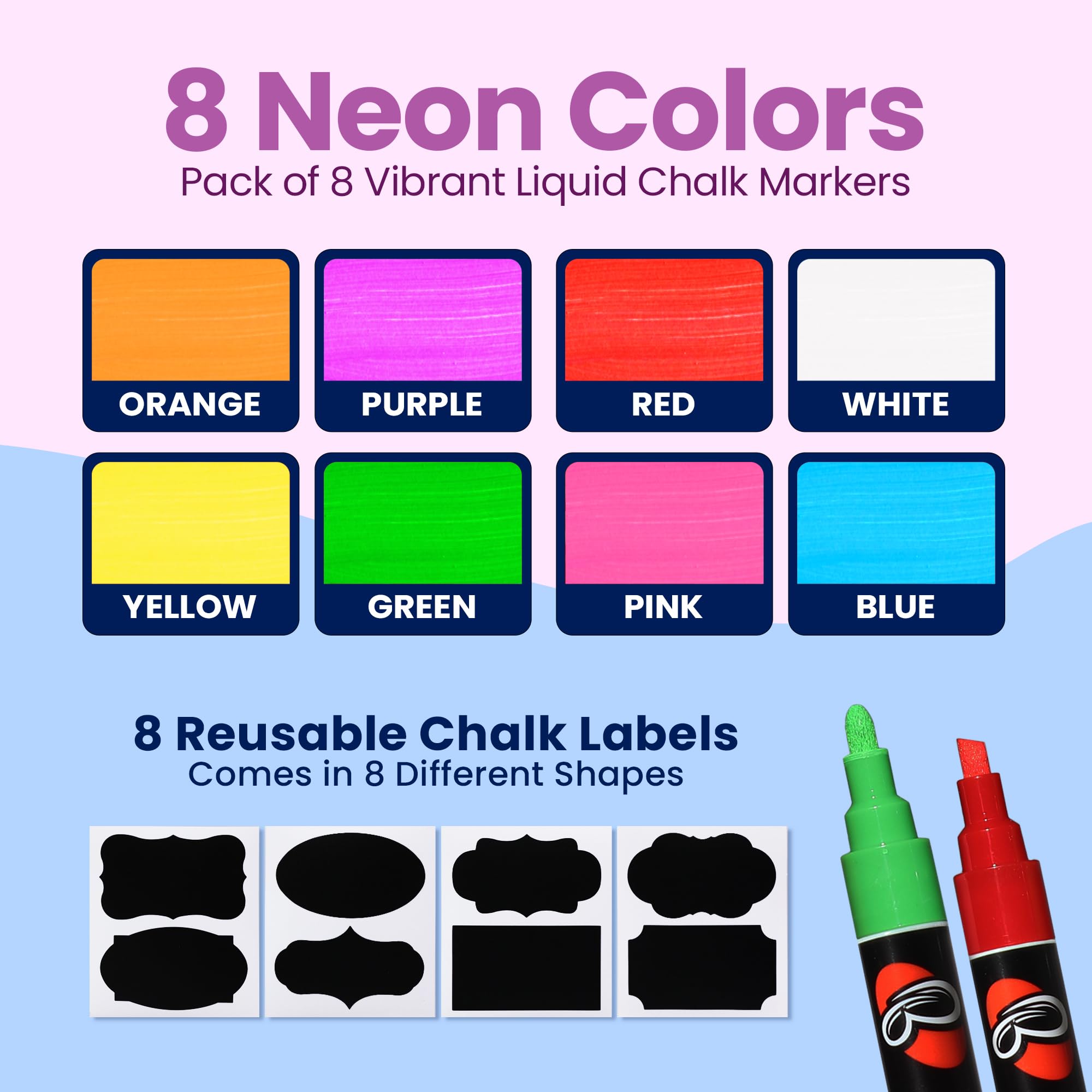 Liquid Chalk Markers - 8 Pack Neon Colors - 6mm Chalk Pens with Reversible Tip for Blackboards, Chalkboards, Glass, and Windows