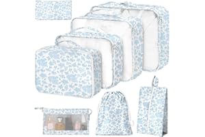 HATISAN 8 Set Packing Cubes for Suitcases,Packing Cube with Shoe, Cosmetics, Clothing, and Accessories Bags Packing Cubes for Travel Luggage Organizer Women Men(Blue Flowers)