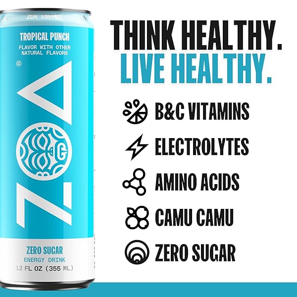 ZOA ZERO SUGAR ENERGY DRINKS, TROPICAL PUNCH – SUGAR FREE WITH ELECTROLYTES, HEALTHY VITAMIN C, AMINO ACIDS, ESSENTIAL B-VITAMINS, AND CAFFEINE FROM GREEN TEA – 12 FL OZ (12-PACK)