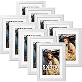 HappyHapi 5x7 Picture Frames Set of 10, White Picture Frames Display Pictures 4x6 with Mat or 5x7 Without, Tabletop or Wall Display, Multi Photo Frames Collage (White)