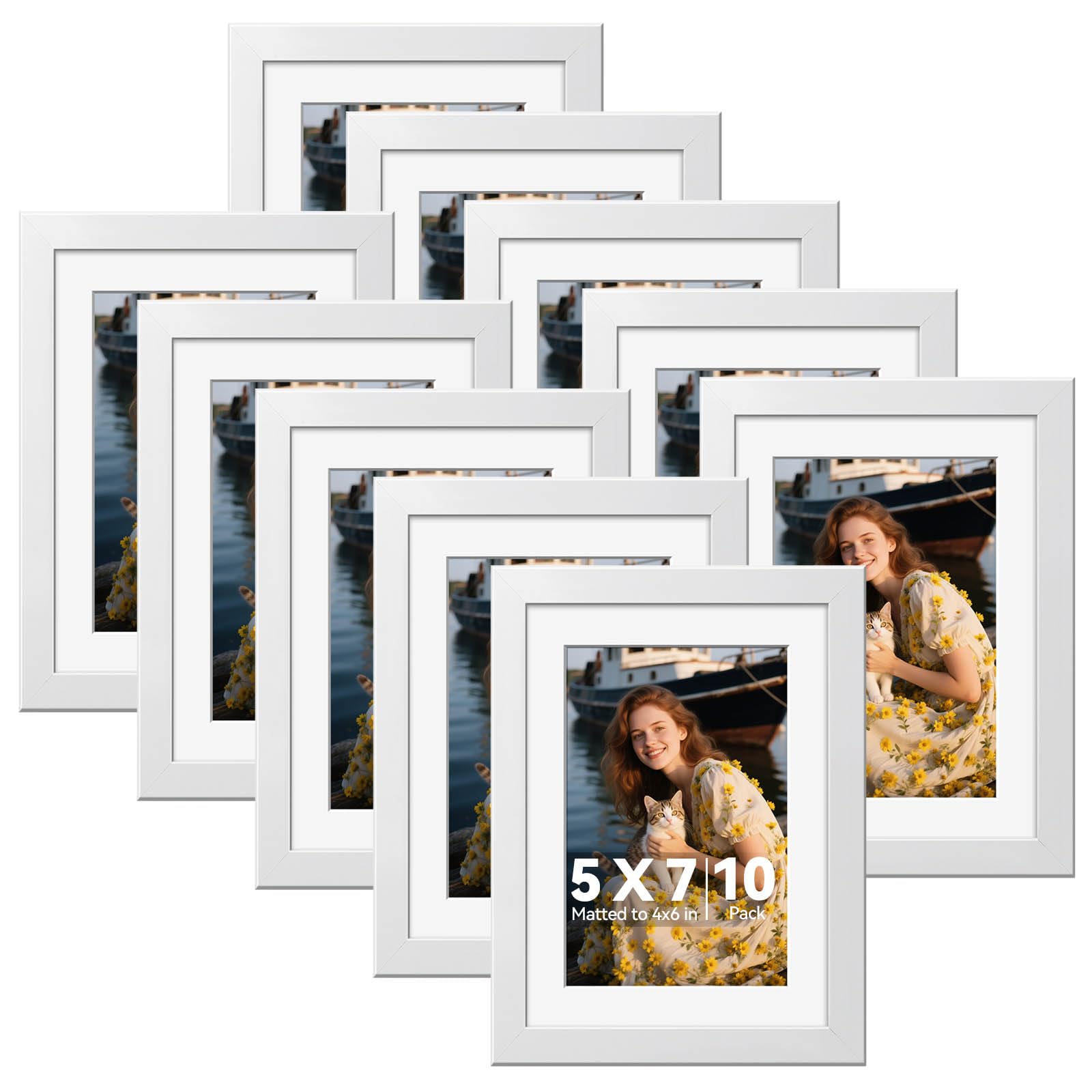 Photo 1 of HappyHapi 5x7 Picture Frames Set of 10, White Picture Frames Display Pictures 4x6 with Mat or 5x7 Without, Tabletop or Wall Display, Multi Photo Frames Collage (White)