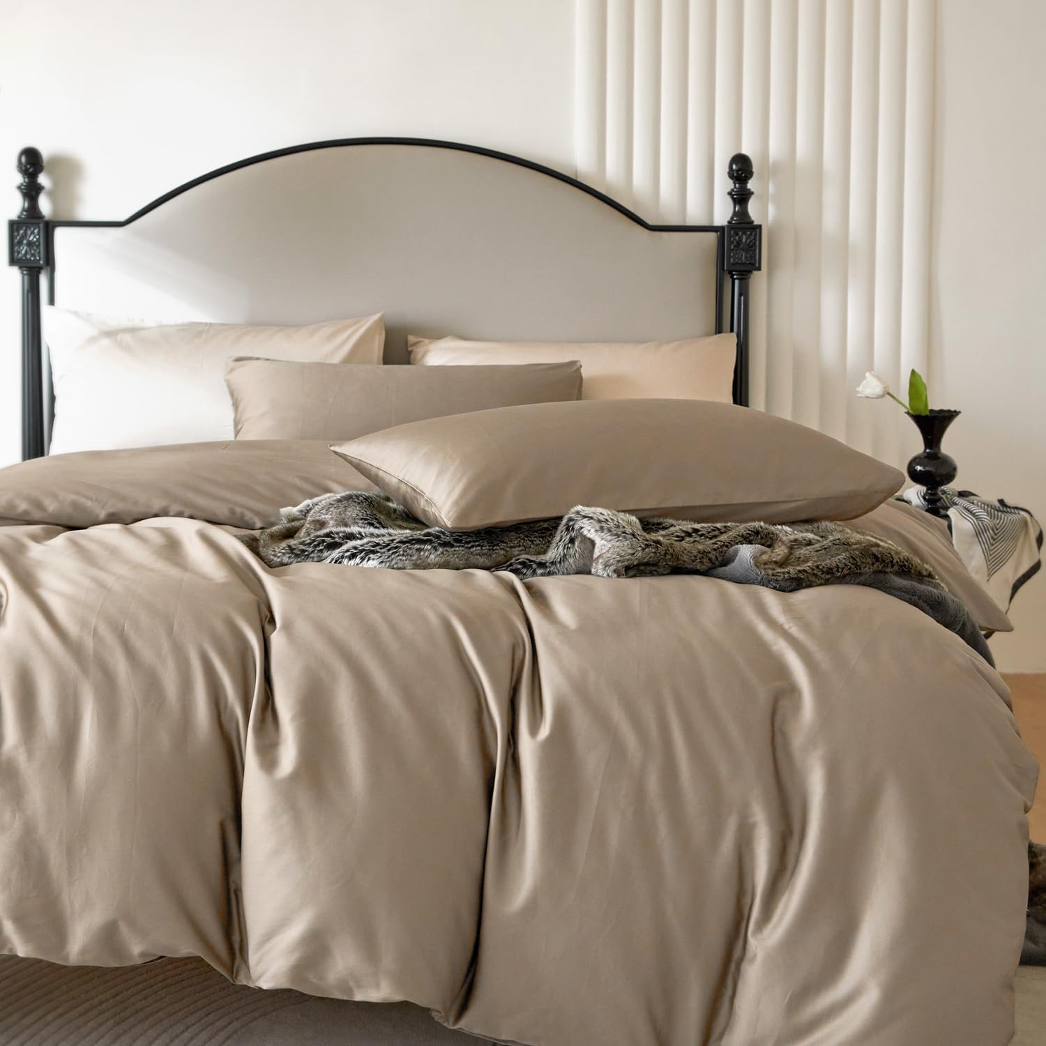 Photo 1 of PURE ERA Duvet Cover Set King 800 Thread Count Long Staple Cotton Sateen Silky Soft Luxurious Smooth 3 Piece Set Dark Dessert Beige King