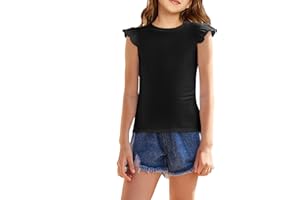 Flypigs Girls T Shirts Ruffle Sleeve Summer Casual Ribbed Knit Crewneck Tee Tops Blouses