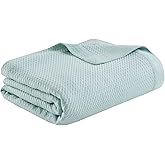 Madison Park 100% Egyptian Cotton Lightweight Summer Blanket, Breathable Waffle Knit Design, Soft Cozy All-Season Throw for Bed, Couch or Sofa, Light Blue King Size (108"x90")