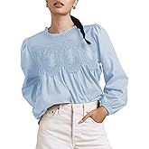 Lentta Women's Lace-Detail Flared Blouse Long Sleeve Crew Neck Poplin Mesh Swing Babydoll Tops Elegant Loose Shirts