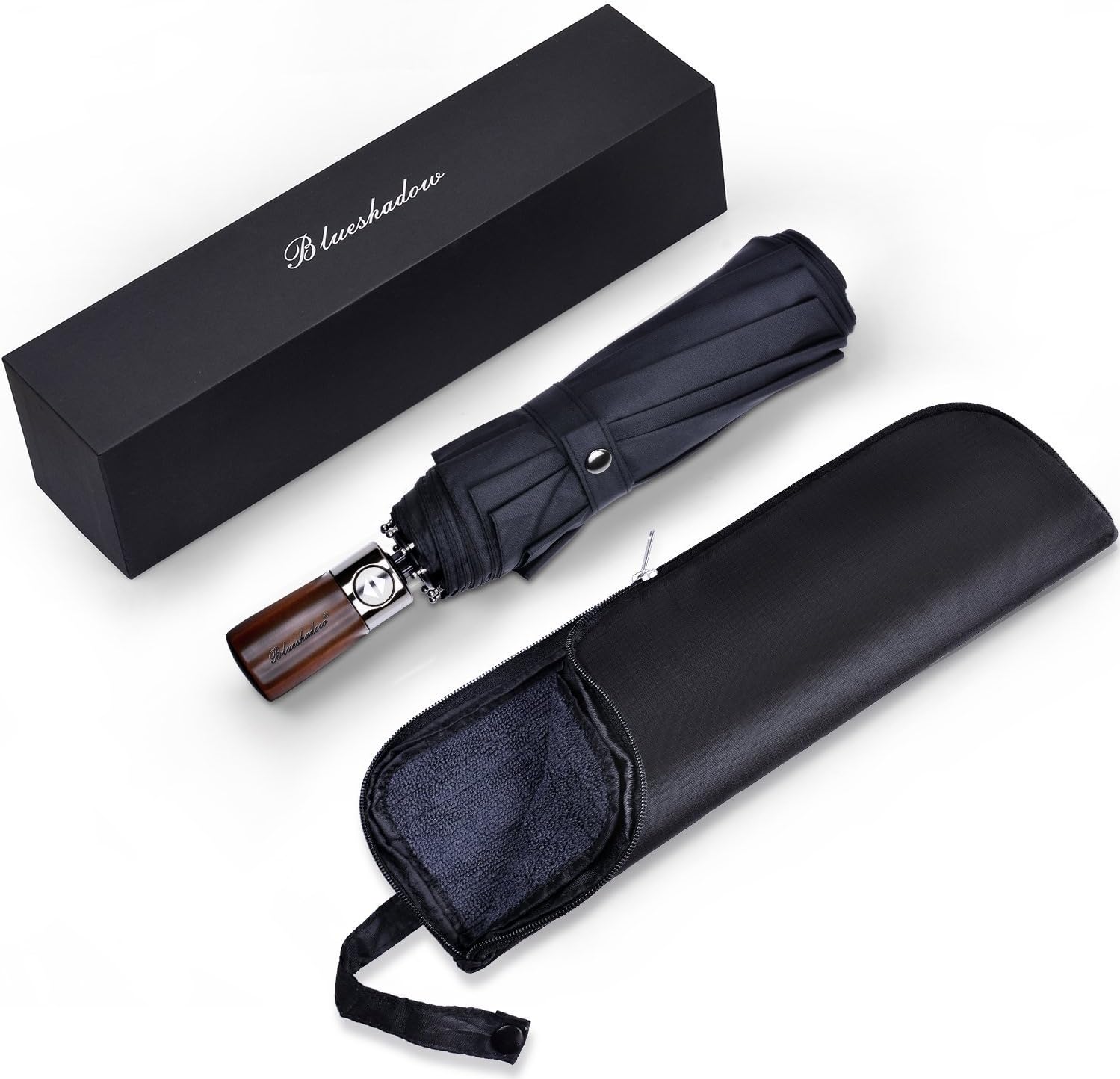 Blueshadow Travel Umbrella, Fast Drying Windproof Umbrella, Reinforced Windproof Frame, Auto Open & Close, Real Wood Handle for Easy Carry