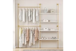 Woskar Industrial Pipe Clothing Rack, Hanging Rods Clothes Rack with Shelves, Clothes Rack for Wardrobe, Corner Closet System for Walk in Closets (Gold)