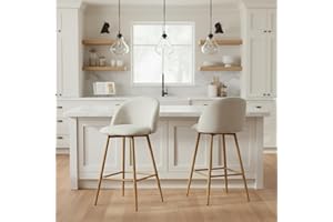 Homy Casa Set of 2 Ergonomic Mid-Back Swivel Barstools - 26 Inch Seat Height Upholstery Counter Bar Stools, Cream Fabric Oak 
