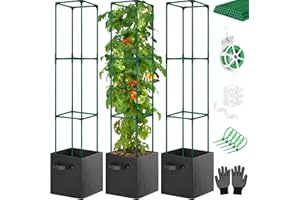 FITTDYHE 3 Pack Tomato Cages for Garden 48 Inches with 3Pcs Tomato Planter(10-Gallon), Upgraded Fiberglass Tomato Trellis Garden Plant Cage, Tomato Plant Support with Grow Bags, Clip,Twist Ties