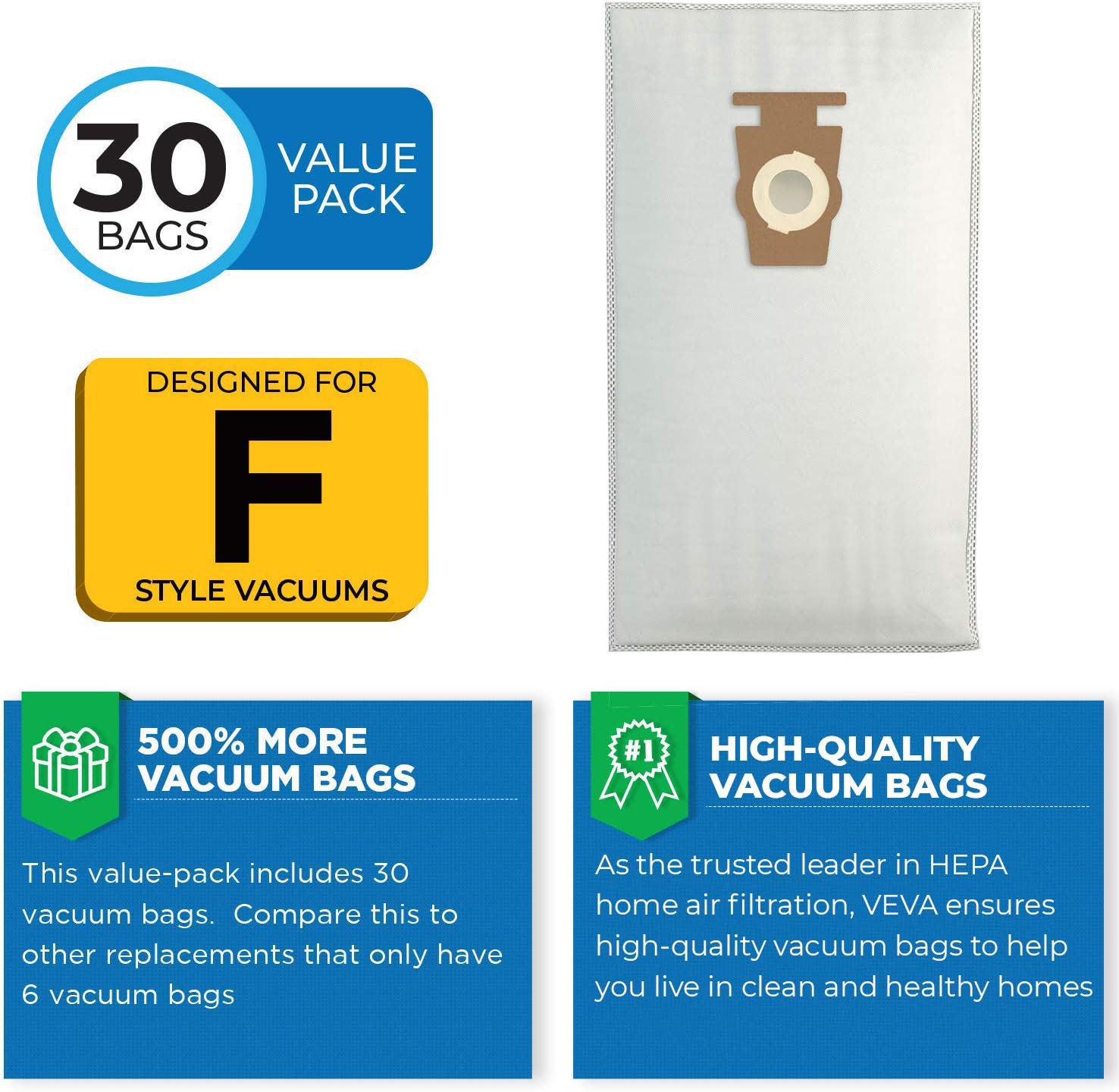 VEVA 30 Pack Premium HEPA Vacuum Bags Style F Cloth Bag Compatible with Kirby Replacement Type F, Q, 204808 204811 Avalir, Sentria I, II, G10D, Ultimate G, Diamond; G3, G4, G5, G6, G7 Cleaners -