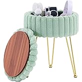 Wimarsbon Vanity Stool with Storage, Faux Fur Ottoman Chair with Metal Legs, Round Makeup Vanity Chair for Bedroom or Dressing Table, Modern Small Ottoman Seat (Green)