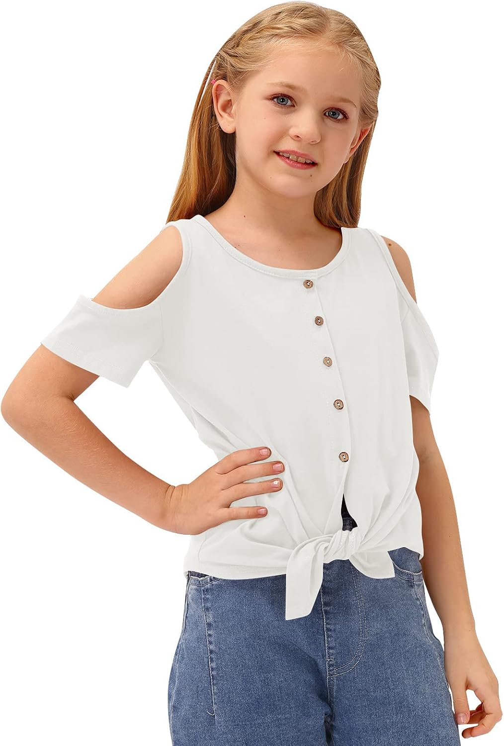 BesserBay Girl's Casual Solid Twist Knot Front Tunic Shirt Cold Shoulder Top 3-12 Years: Clothing