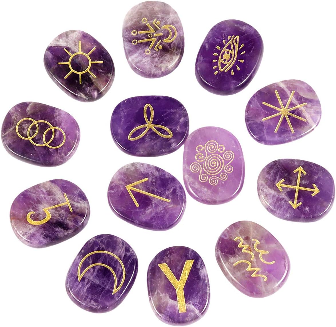 Indoor Fountains & Accessories - mookaitedecor Amethyst Witches Runes Set of 13, Healing Crystal Stone with Engraved Gypsy Symbol for Meditation Divination