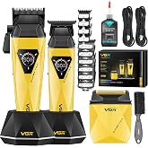 VGR 877S3 3-in-1 Barber Kit with Clipper Trimmer Foil Shaver, Gold | 9000/8000 RPM, 150/180/90min Runtime, DLC/Ceramic Blades, Titanium Foils, Charging Base, LED Display, All-in-One Grooming Set