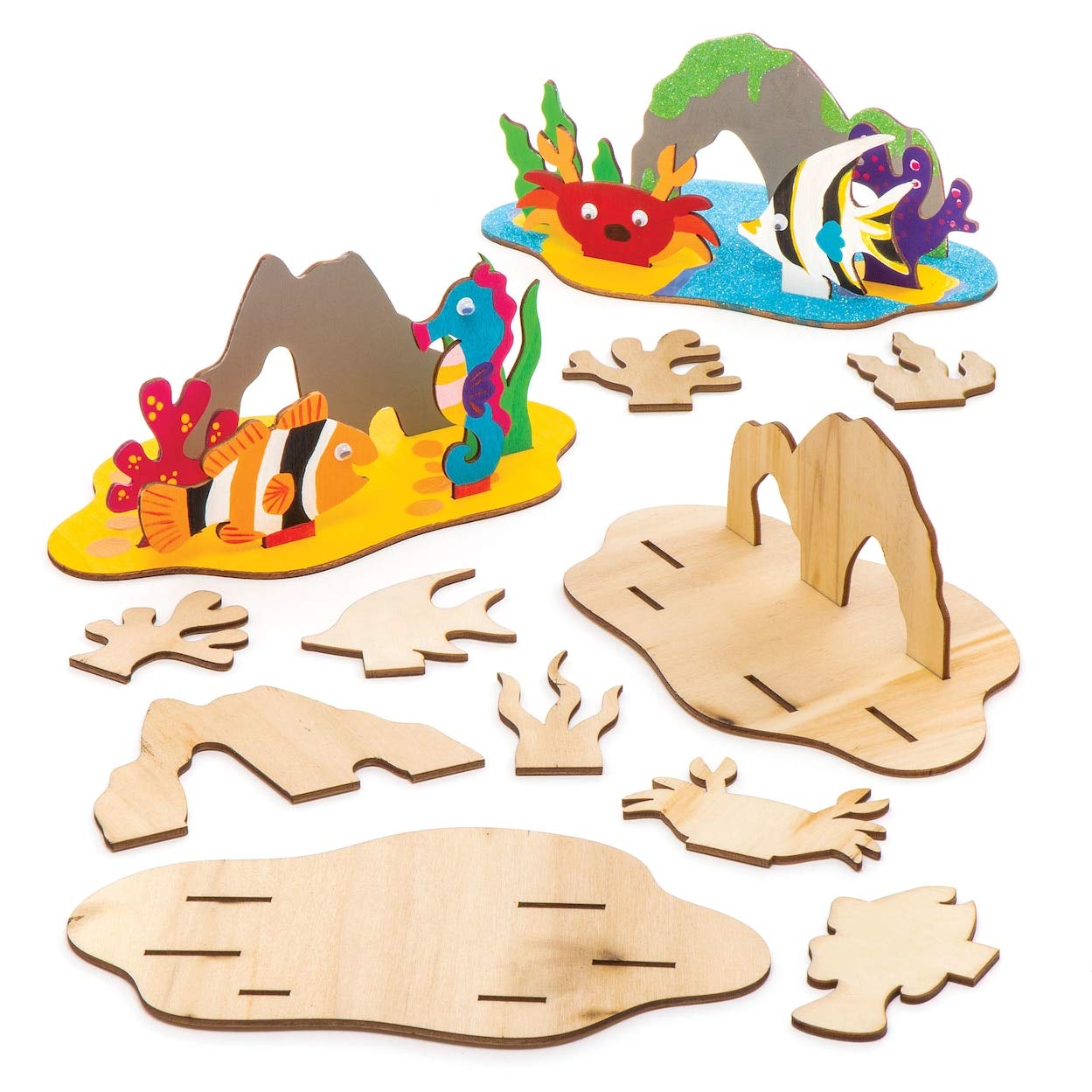 Baker Ross AW392 Sealife Wooden 3D Scene Kits - Pack of 4, Woodcrafts for Kids to Design, Paint, Decorate and then Use