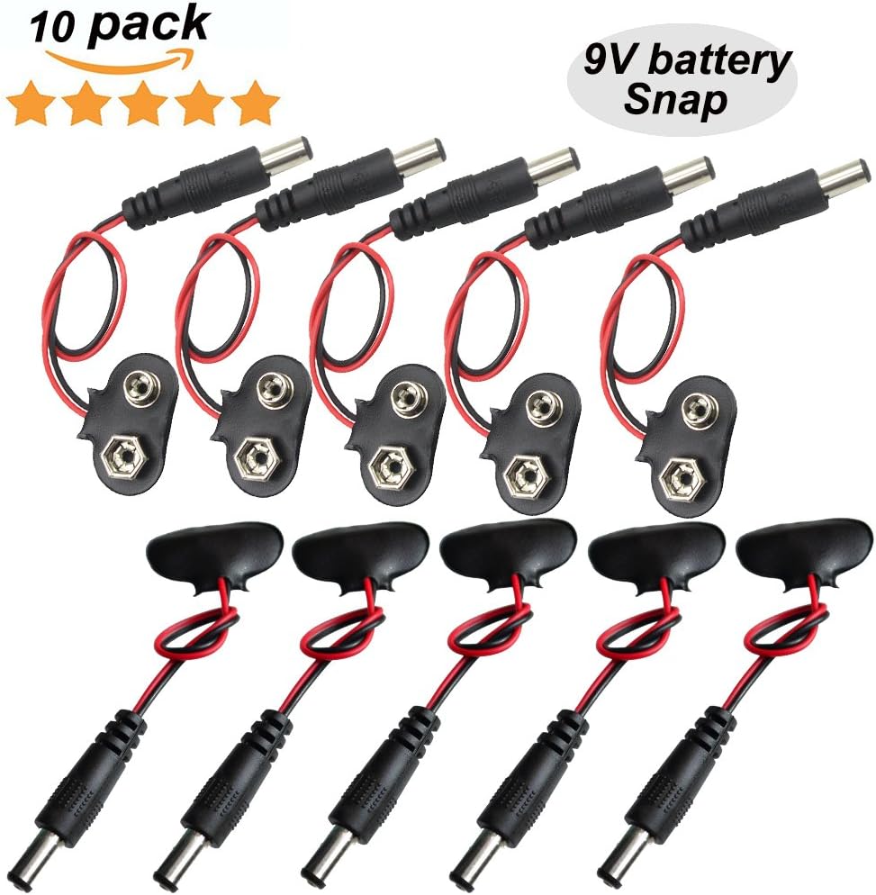 Haitronic 10pcs 9v Alkaline Cell Battery snap with 2.1mm X 5.5mm Male DC Plug and Wire for 9V Alkaline Cell, Arduino UNO R3, Mega 2560 Power Supply or Other 9V prototyping Project