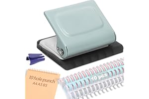 Hoqqf 10 Hole Punch Binding Machine for Planners with 10 Multi-Color Binder Rings, 30 Holes on A4, 20 Holes on A5, 26 Holes on B5, 10 Sheet Capacity (Pale Blue)