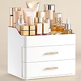 HBlife Makeup Organizer for Vanity with 2 Drawers, Large Bathroom Countertop Cosmetics Organizer Skin Care Storage, Easy to Store Lipsticks, Nail Polishes, Perfumes, Eyeshadow Palettes, All White