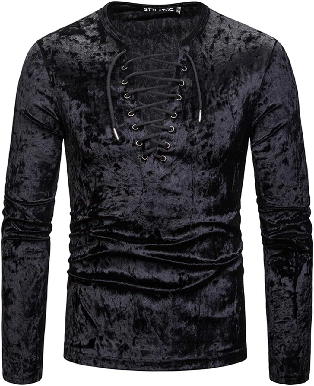 Mens Long Sleeve T-Shirt Diamond Velvet Lace-up V-Neck Tops Senior Casual Business