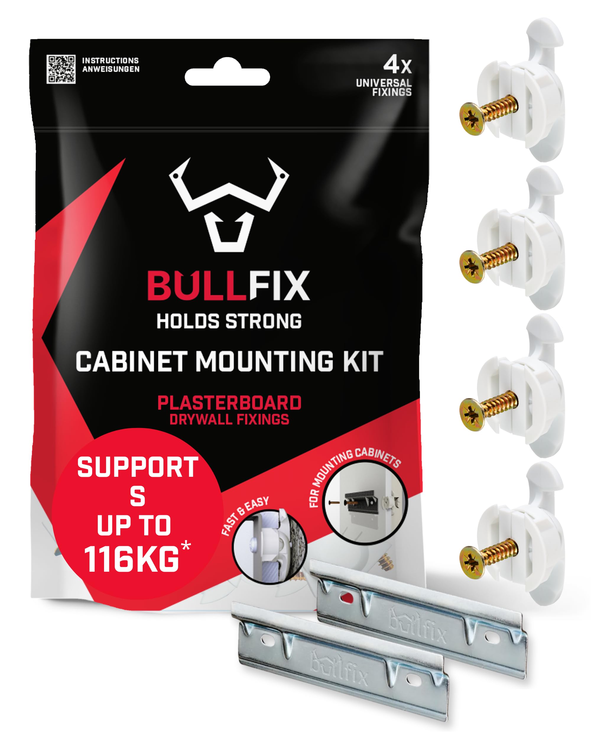 Bullfix Cabinet Mounting Kit - Heavy Duty Plasterboard Fixings for Cupboards/Cabinets, 4 Bullfix Universal Fixings and 2 Brackets, Kitchen Cupboard/Bathroom Cabinet Mounting Kit