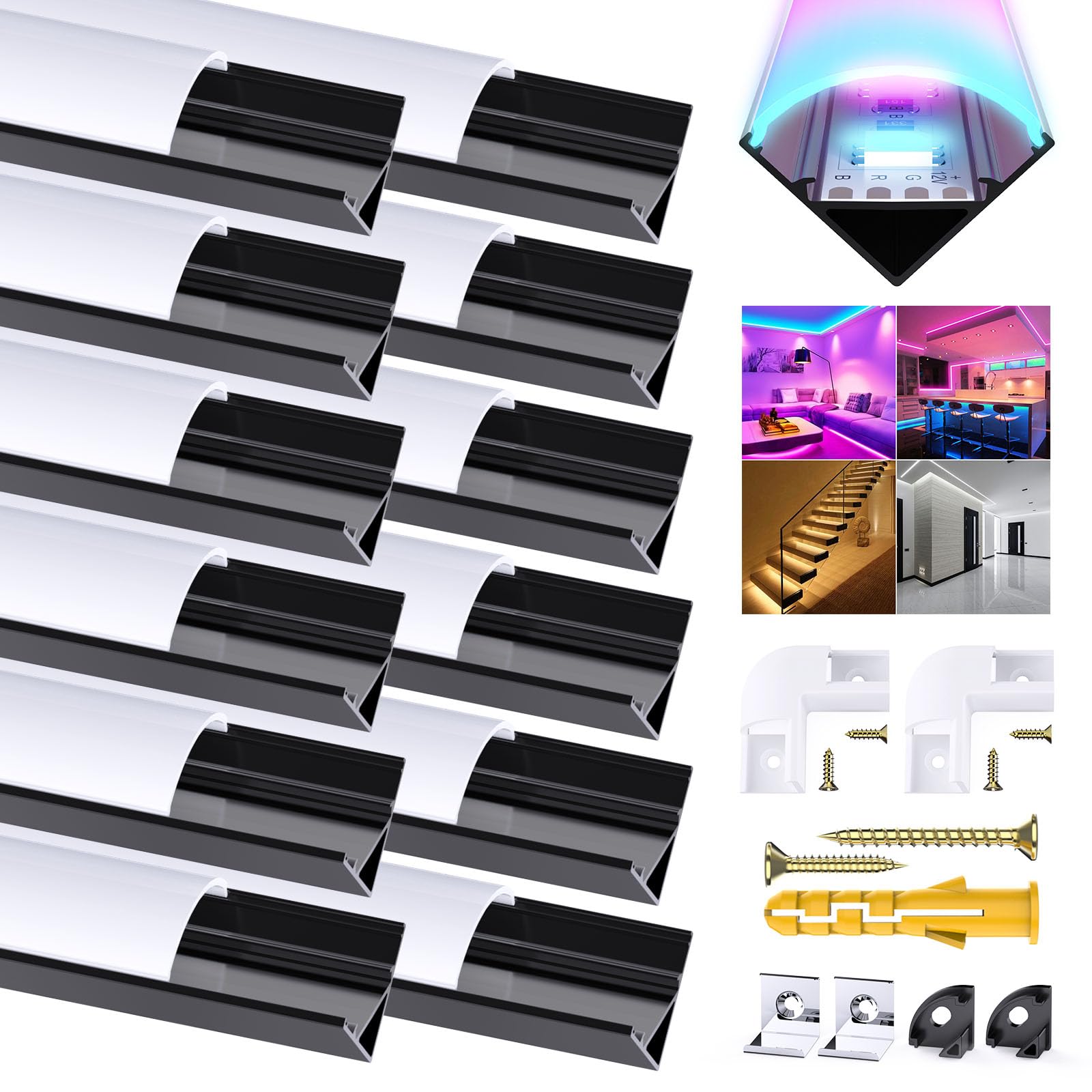 Chesbung LED Strip Profile, 12Pack Aluminum Channel 3.3ft/1Meter Black V-Shape Profile with Milky White Cover, End Caps, Mounting Clips Extrusion 90 Degrees Connectors for Lights