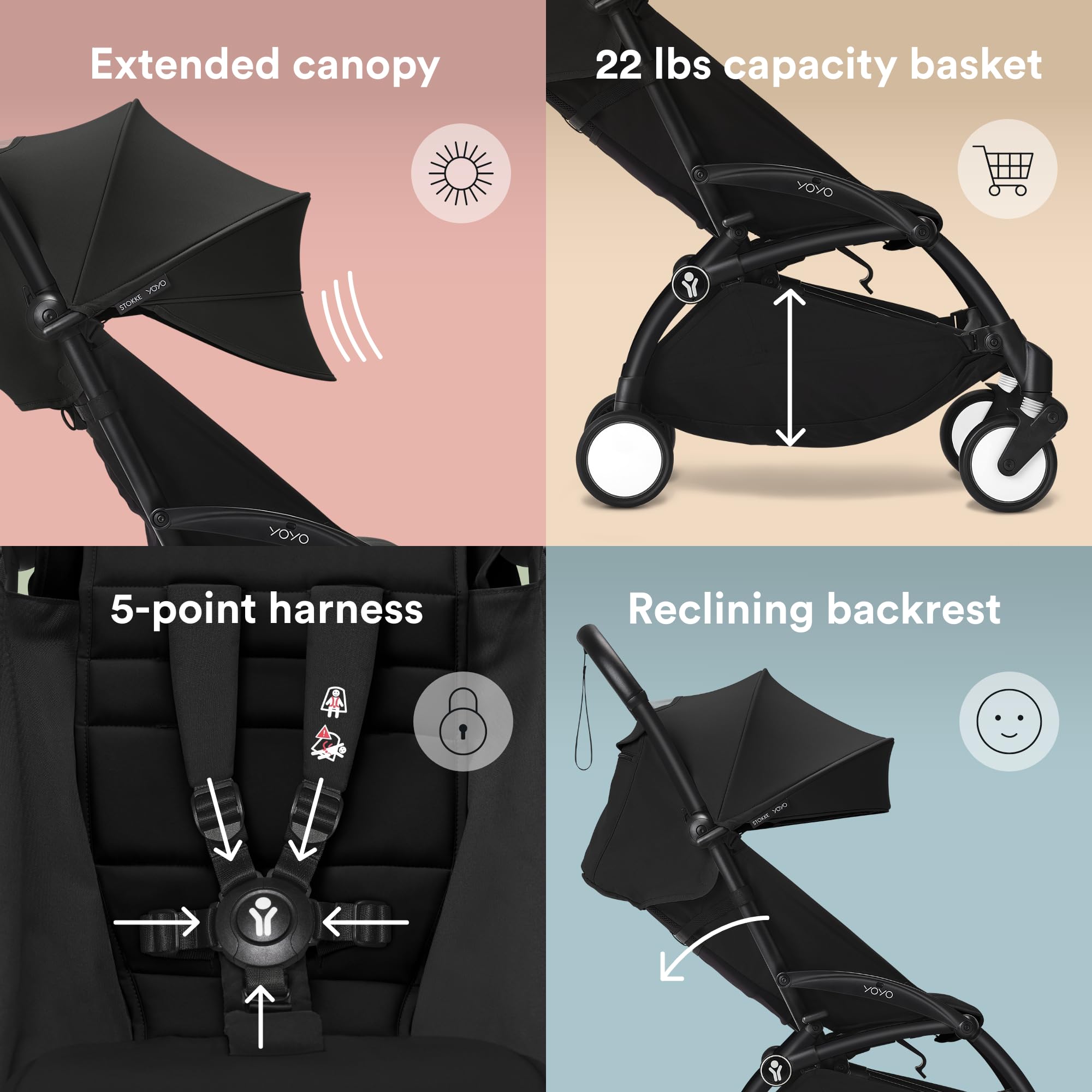 Stokke YOYO3 Stroller from 6 Months - Includes Black Frame, Seat Cushion & Canopy - Folds in & Out in a Flash - Light & Compact - Carry-On Compatible