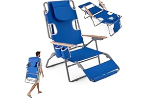 Goplus 3-in-1 Foldable Beach Chair, Lay-Flat Tanning Chair with Face and Arm Holes, Footrest, 330 lbs Heavy-Duty Portable Reclining Lounge Chairs for Outside, Camping, Patio, Poolside, Lawn (1,Navy)