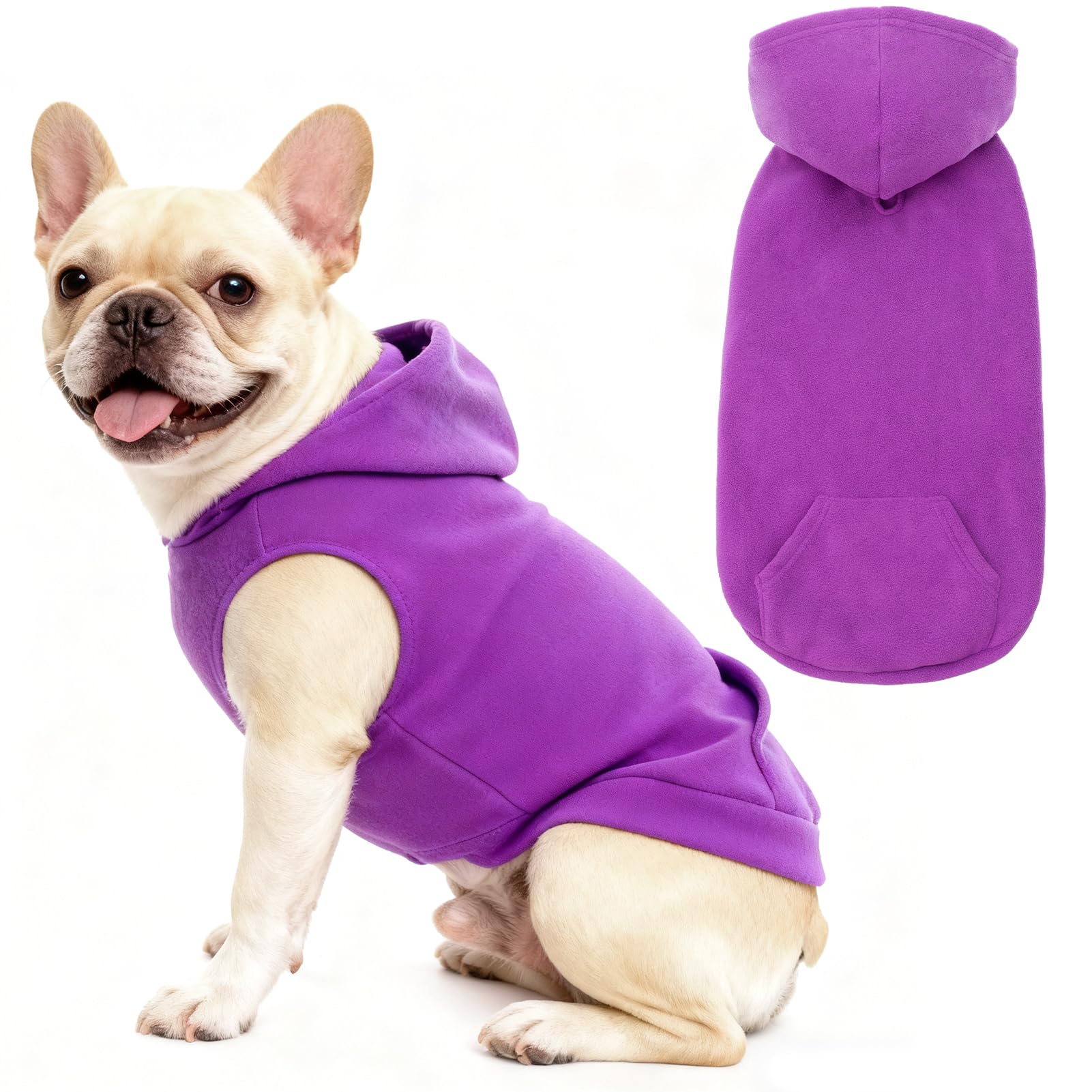 EXPAWLORER Dog Hoodie Fleece Jumper Vest, Hooded Dog Sweater Fall Winter Pet Clothes Sweatshirt with Lead Ring, Sleeveless Warm Cosy Puppy Clothing for Cat Small Medium Large Dogs Girl Boy, Purple S