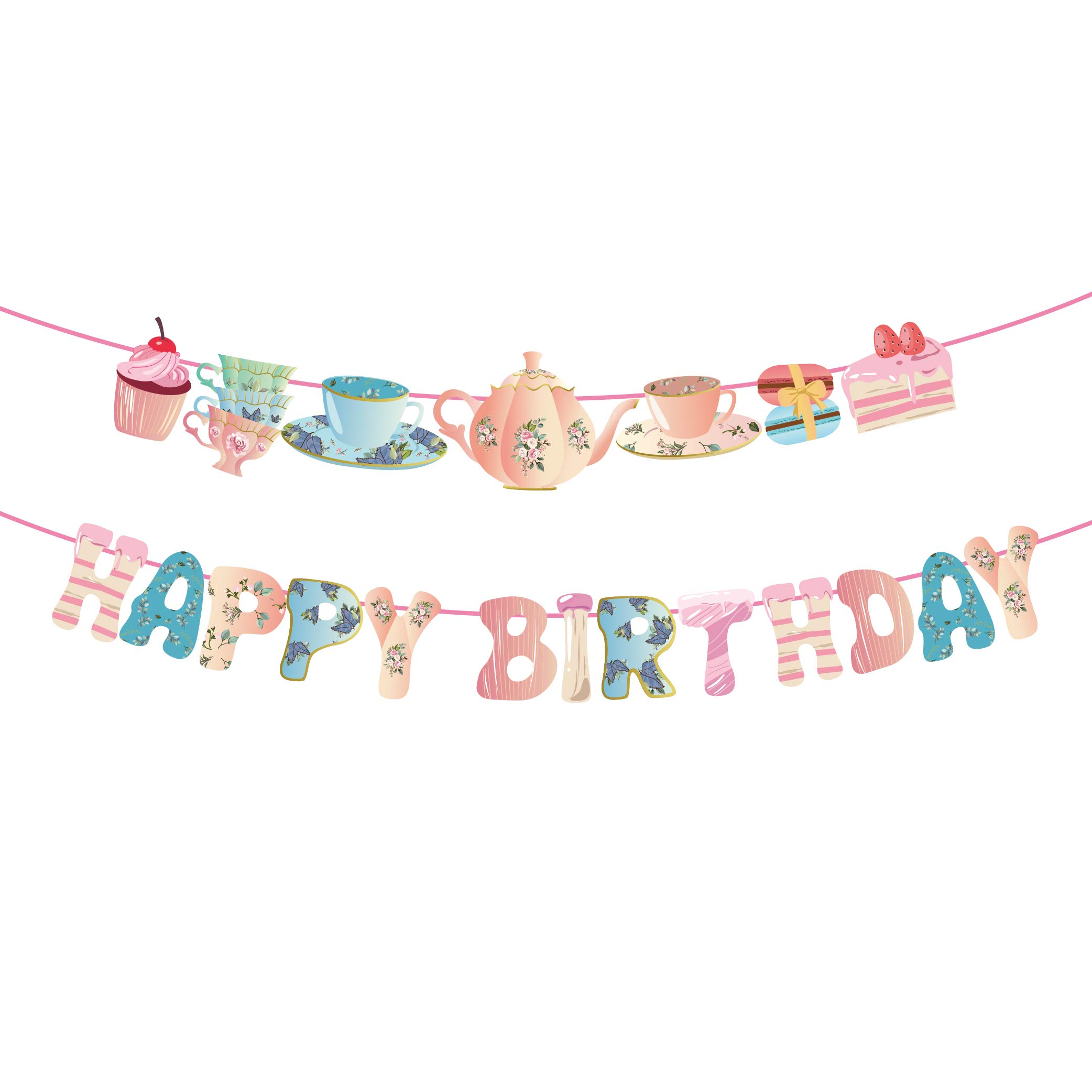 CC HOME Tea Party Happy Birthday Banner Teapot Dessert Cake Party Hanging Banner Fairyland Floral Theme Birthday Bridal Wedding Baby Shower Boys Girls Kids Home Classroom Party Supplies Decoration