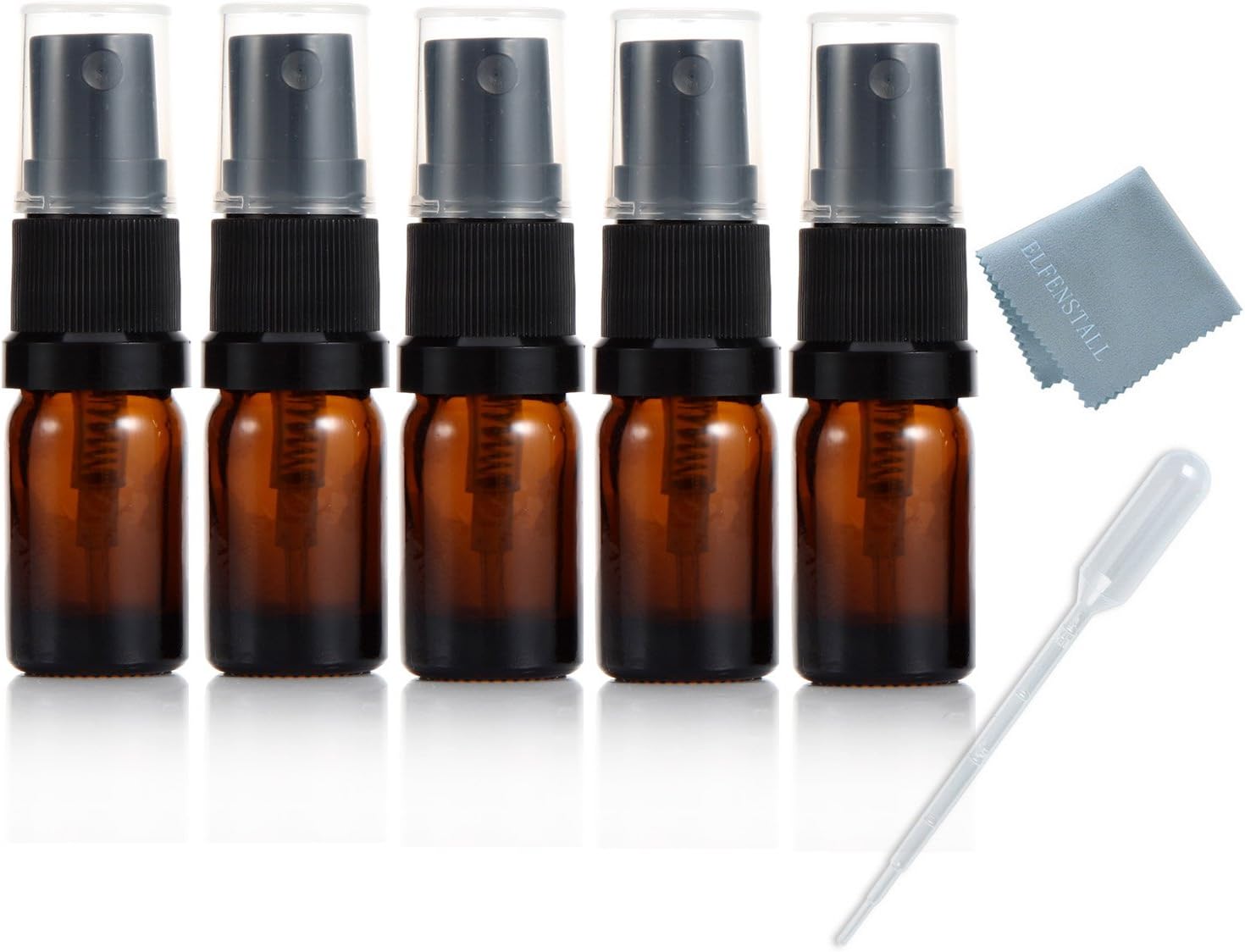 Elfenstal- 5pcs Mini Thick 5ml Amber Fine Mist Atomizer Glass Bottle Spray Refillable Perfume Empty Bottle Glass for Aromatherapy Essential Oil Party Portable Makeup Tool Free Pipette