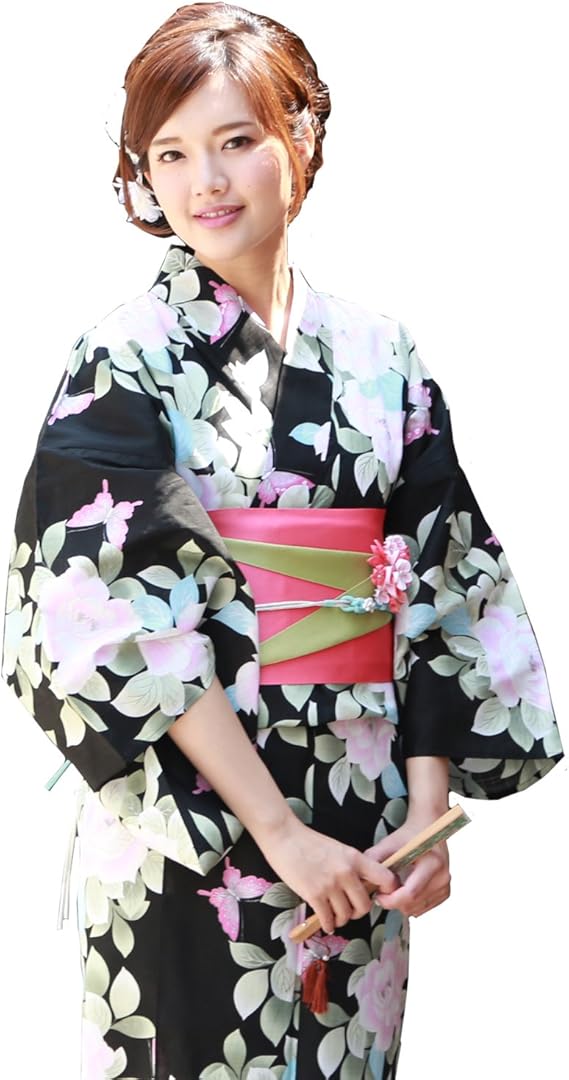 Amazon 浴衣 女 セット 黒地にラメ入りピンクバラと蝶 変わり織り浴衣3点セット レディース 帯 下駄 浴衣 通販