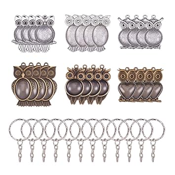 PandaHall Alloy Pendant Cabochon Set - 24pcs 6 Style Owl Alloy Pendant Trays Lünette Cabochon-Einstellungen 24pcs Oval Glass 