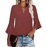 Gaharu Women's Work Blouses Ruffle 3/4 Sleeve Dressy Top V Neck Casual Chiffon Tunic Blouses Business Shirts