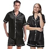 Guriyzee Couple Pajamas Set Satin Short Sleeve Sleepwear 2 Pcs Button Down Pjs Loungewear